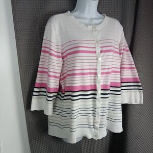 CJ‎ Banks Women's 2X Striped Button Front 3/4 Sleeve Cardigan Classic Church